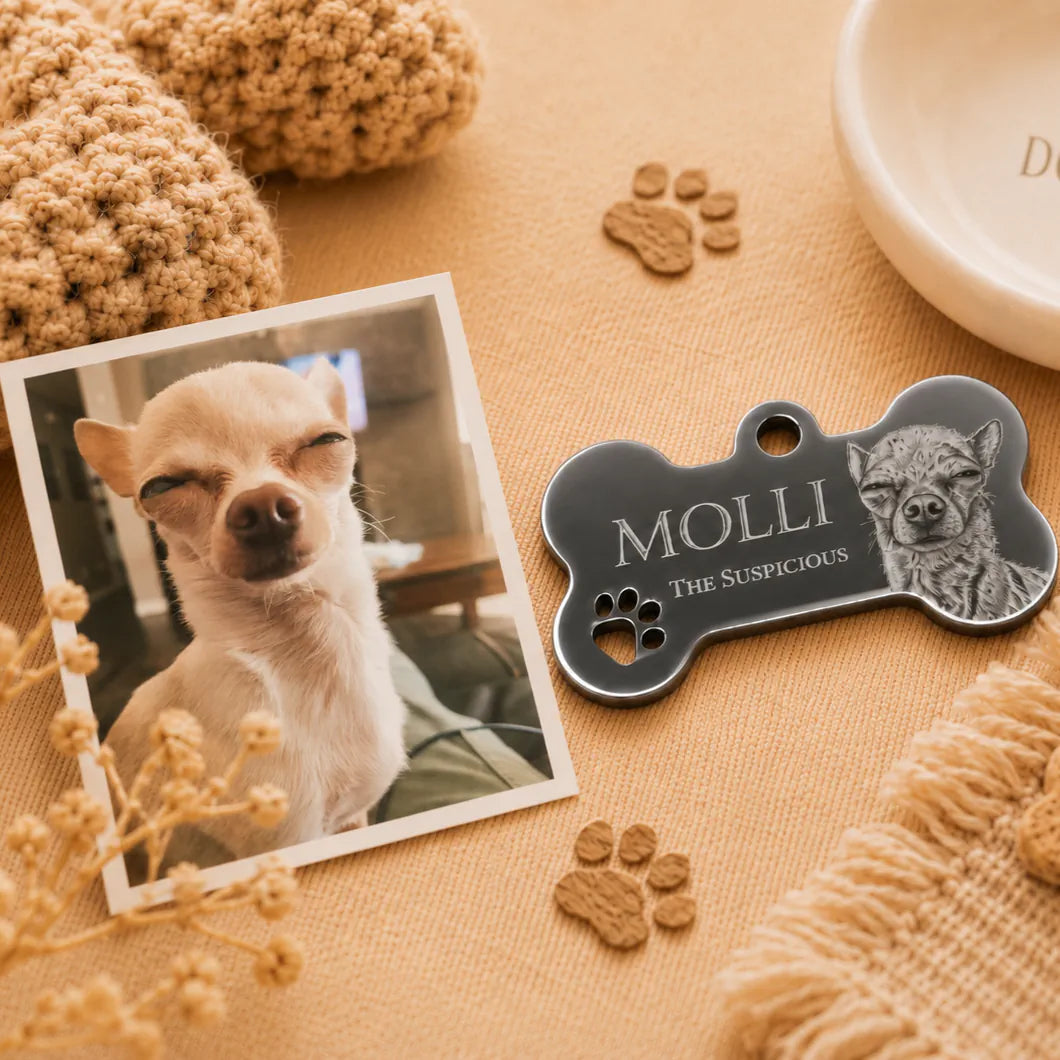 Médaille pour chien personnalisée en forme d’os – Photo, nom et coordonnées gravés recto verso