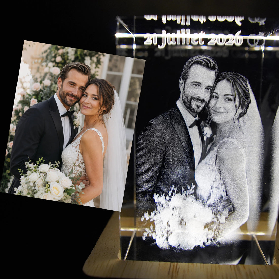 Customized Photo Crystal – Laser Engraved Photo with Wooden Stand